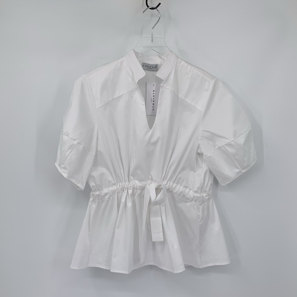 Harshman Nina blouse top shirt white cotton tie waist peplum short sleeve new S